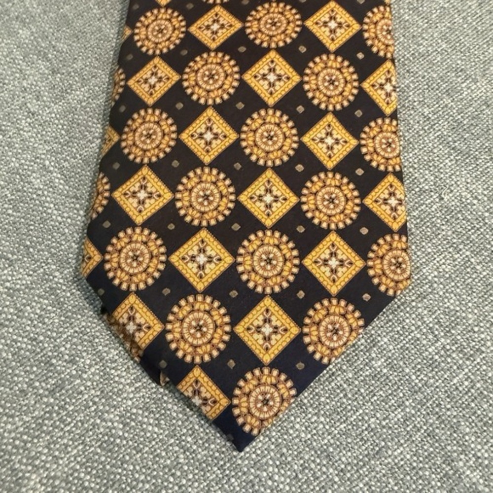 JIM THOMPSON Thai Silk Tie Dark Navy Blue Gold Medallion & Square Classic Design